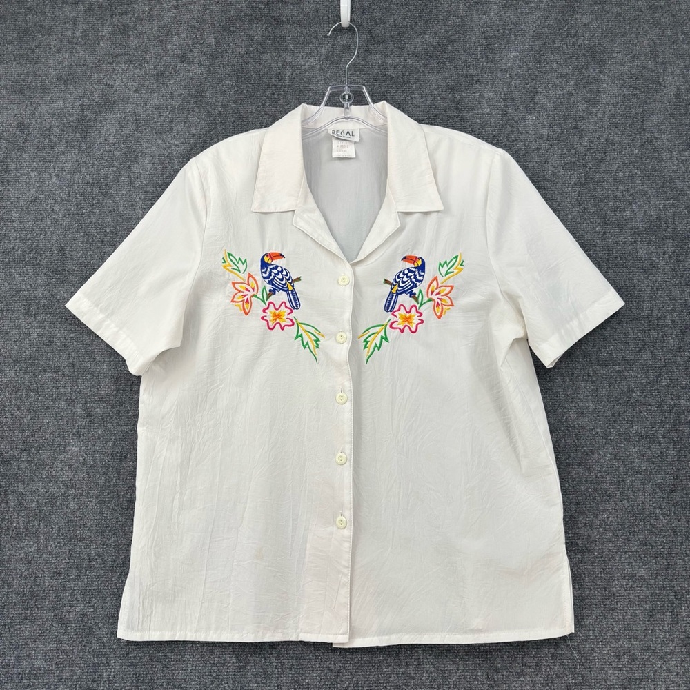 VINTAGE Regal Vacation Button Up Shirt White Embroidered Toucan Women’s L USA